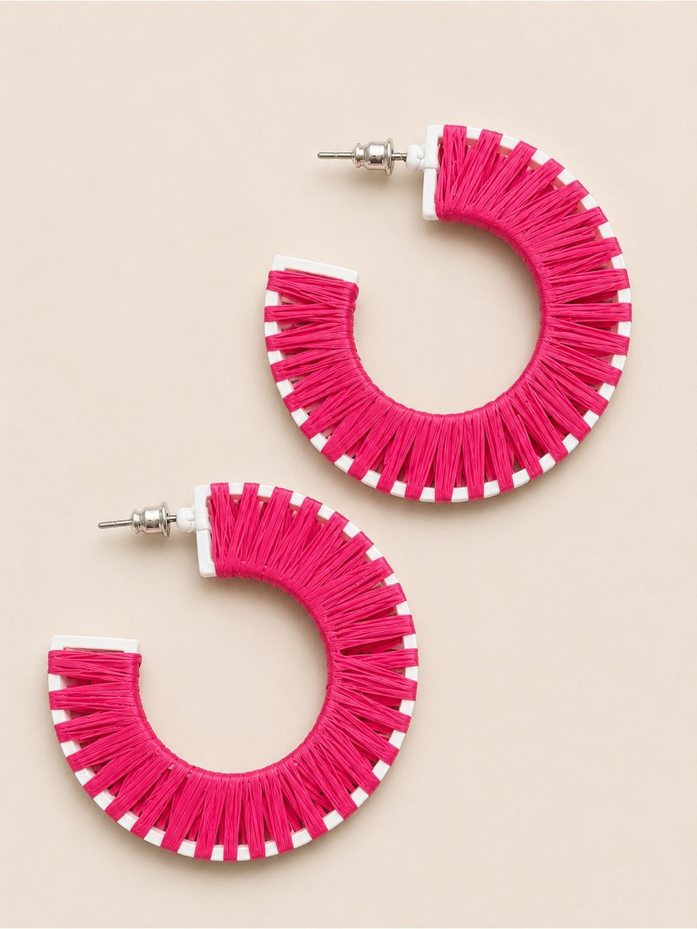 Pink Raffia Wrapped Statement Hoop Earrings White Accent